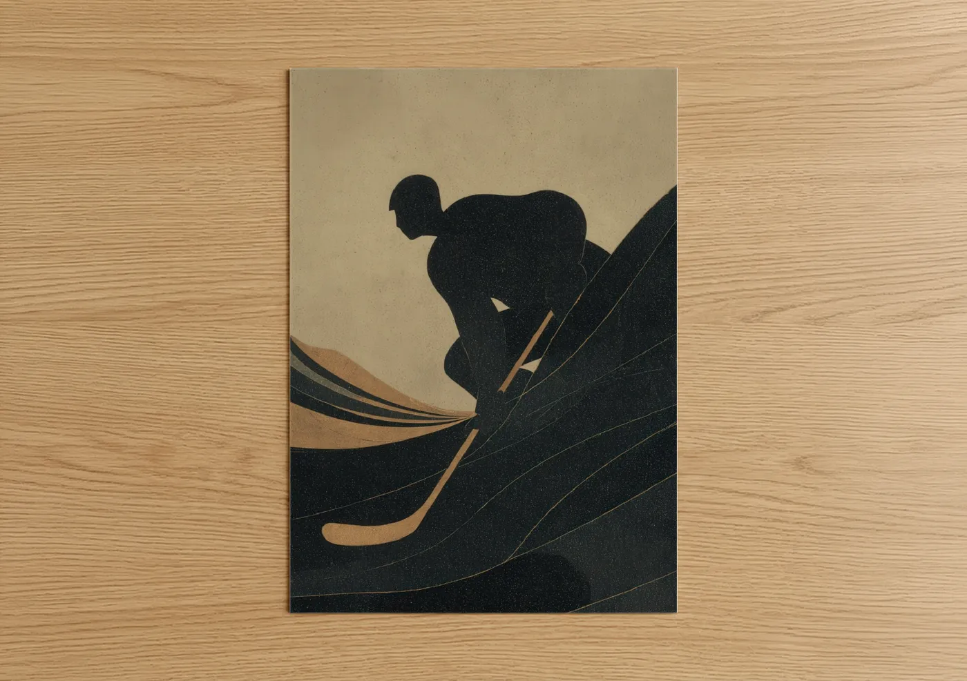 Ice hockey art print on warm oak wood — black and beige palette — Silhouette Hockey Player poster