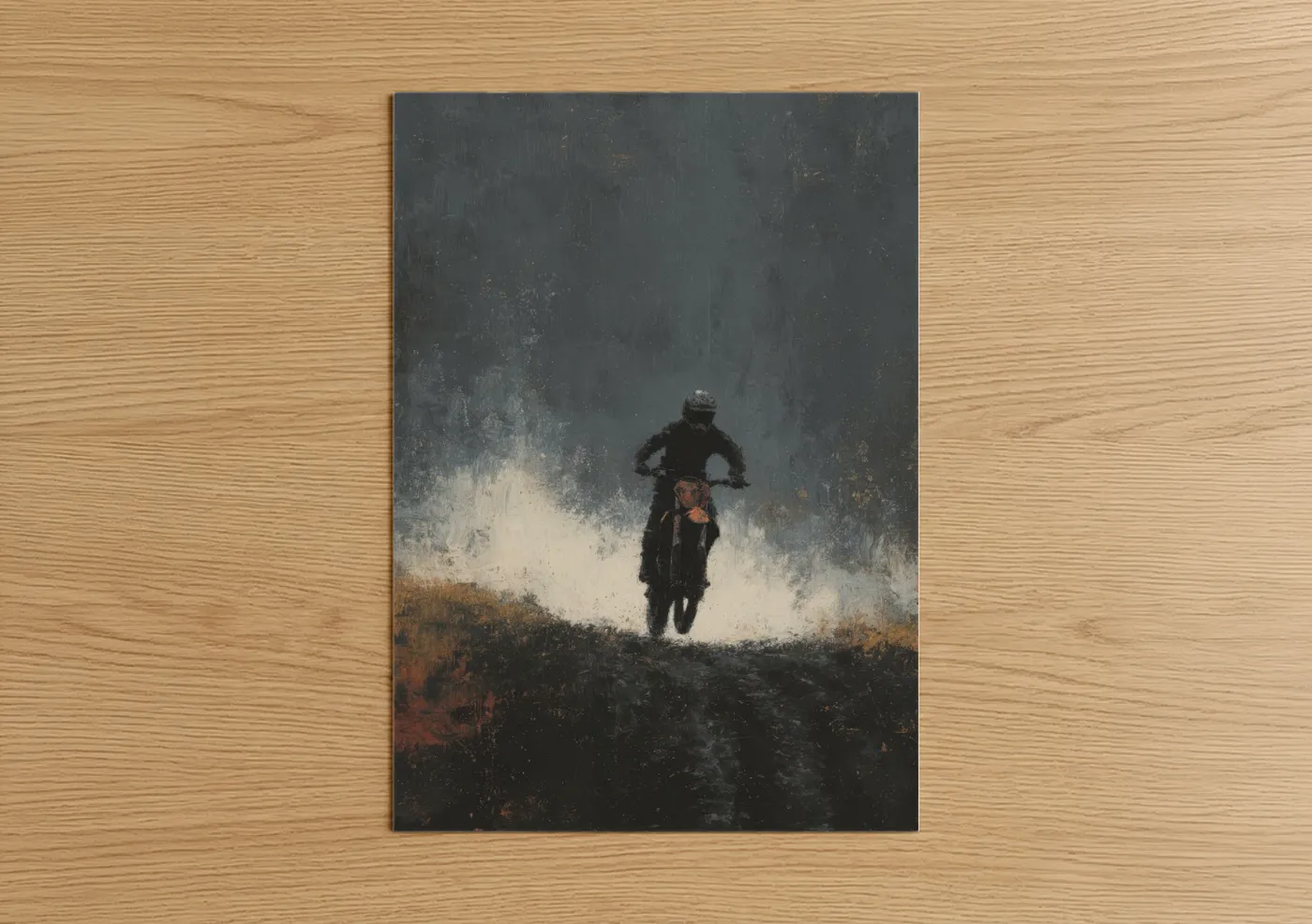 Motocross art print on warm oak wood — gray and russet palette — Desert Dust Rider poster