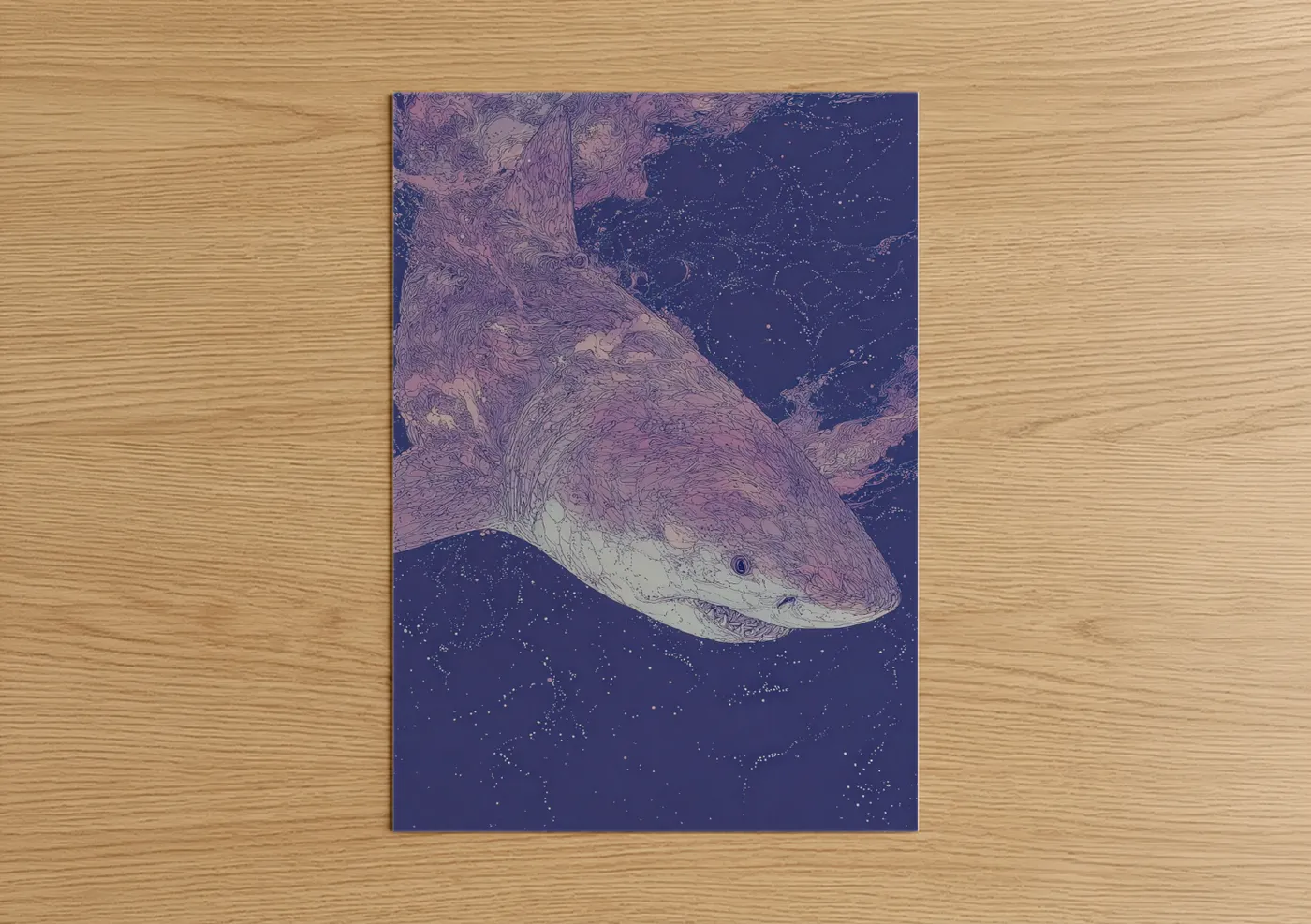 Art print on warm oak wood — purple and dark blue palette — Majestic Basking Shark poster