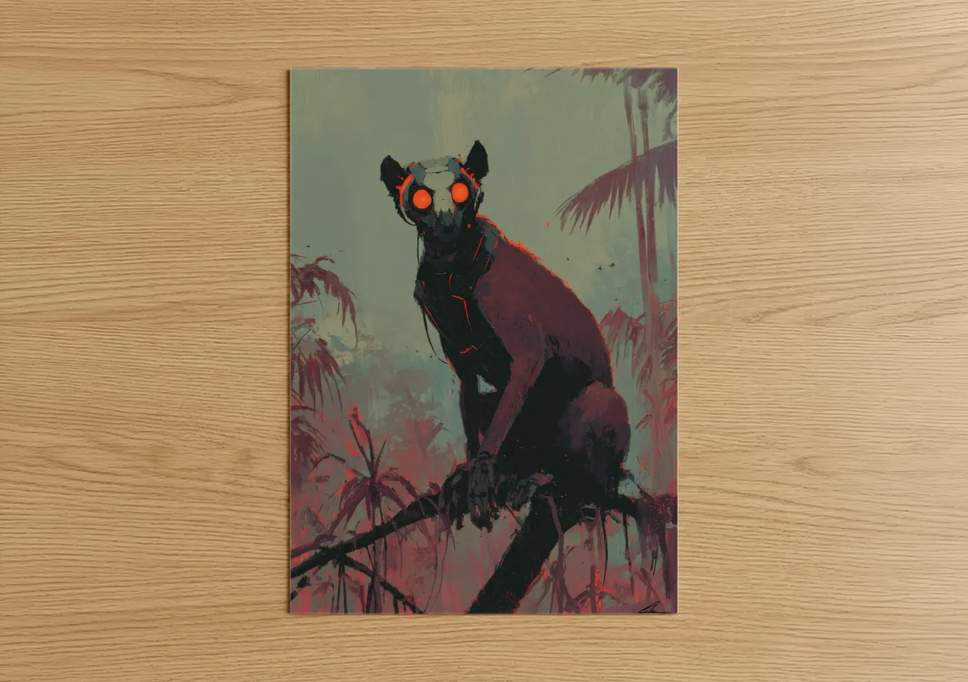 Monkey art print on warm oak wood — black and red and dark green palette — Neon Jungle Primate poster