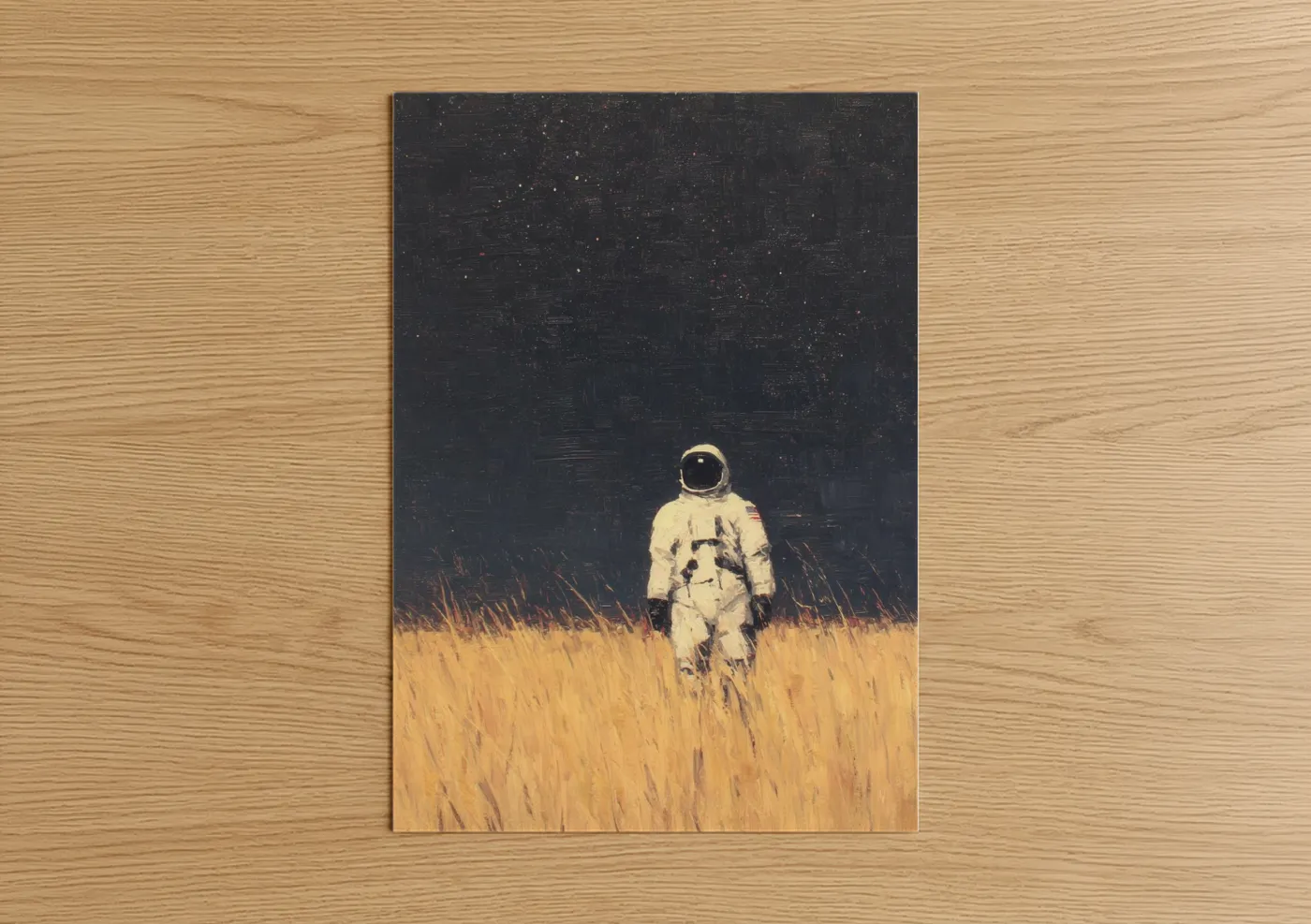 Art print on warm oak wood — gold and black palette — Wheat Field Astronaut poster