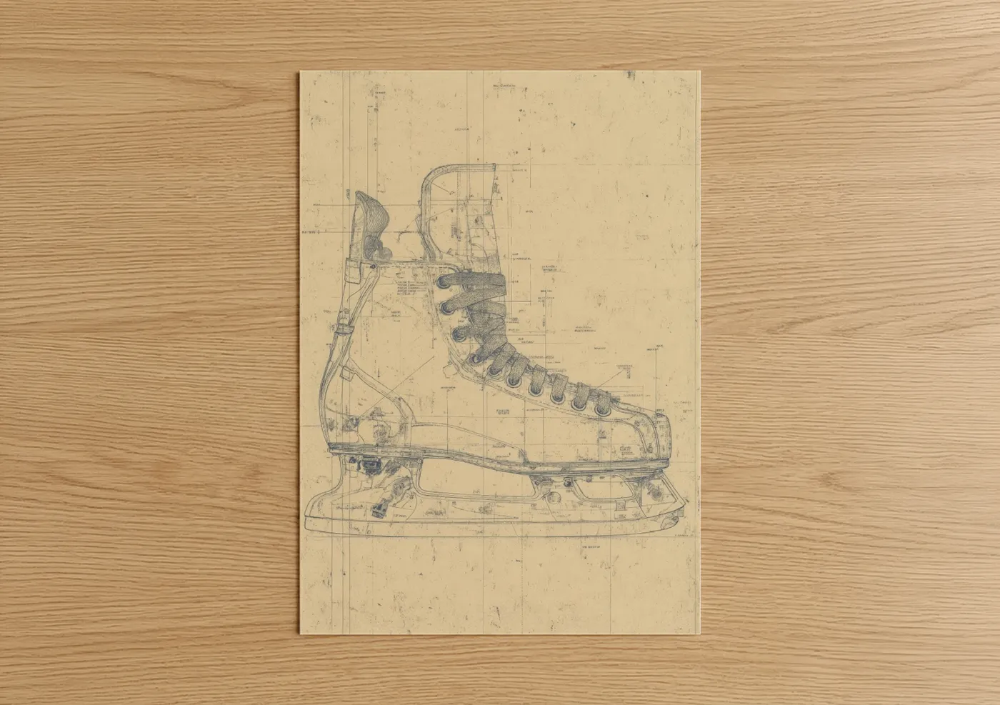 Vintage Hockey Boot Blueprint Schematic Wall Art