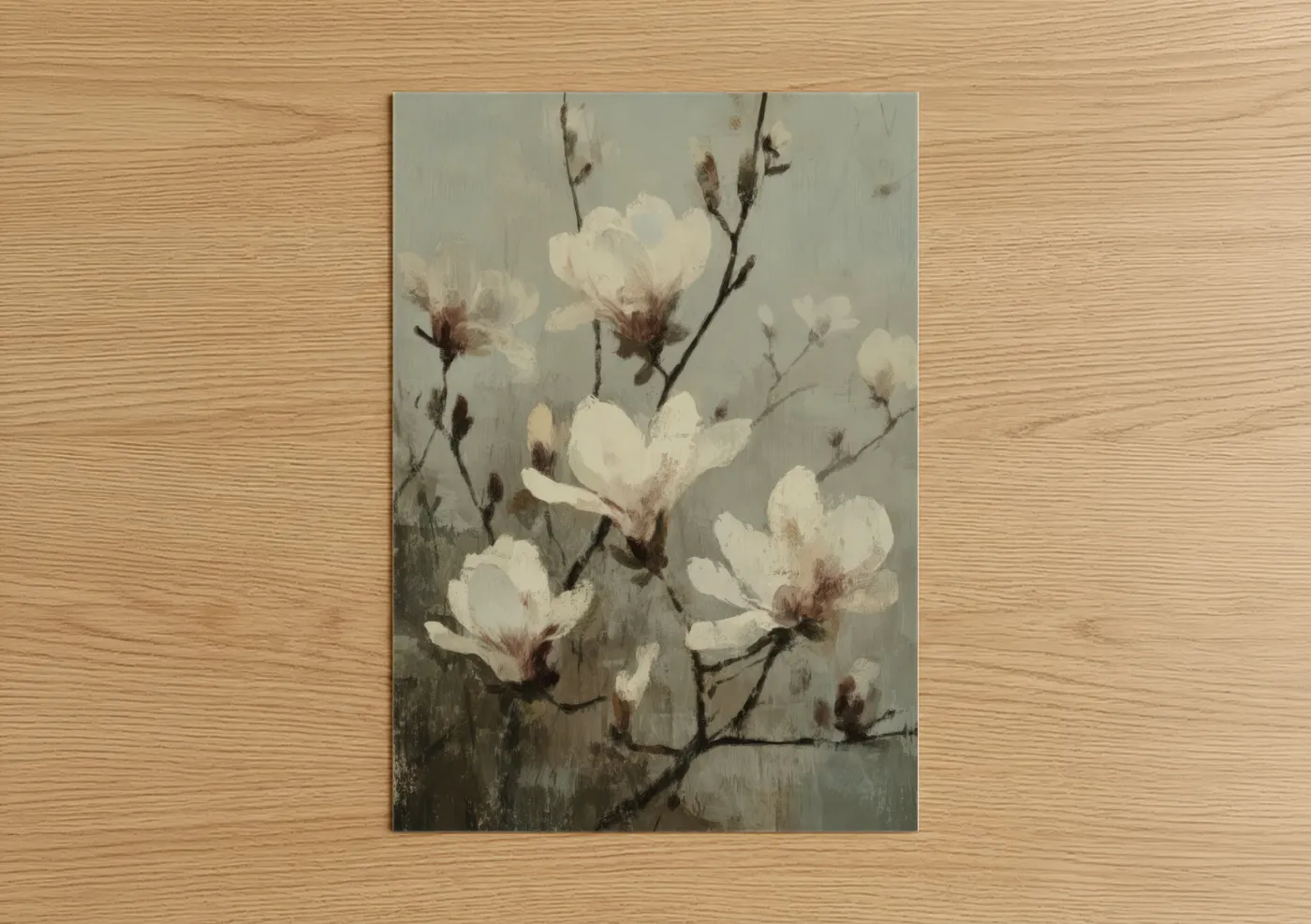 Art print on warm oak wood — gray and cream palette — Serene Magnolia poster