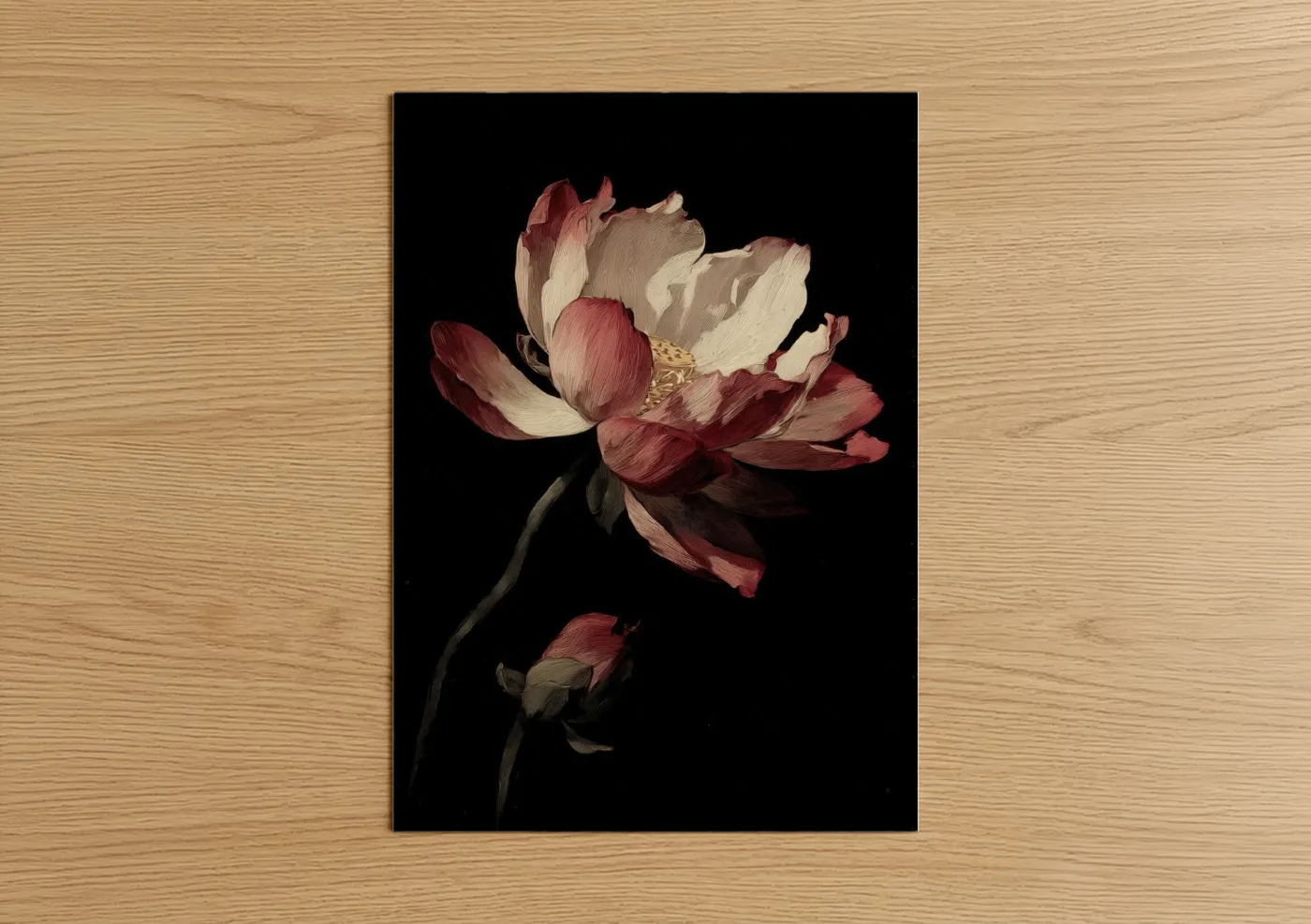 Art print on warm oak wood — maroon and cream palette — Crimson Lotus Bloom poster
