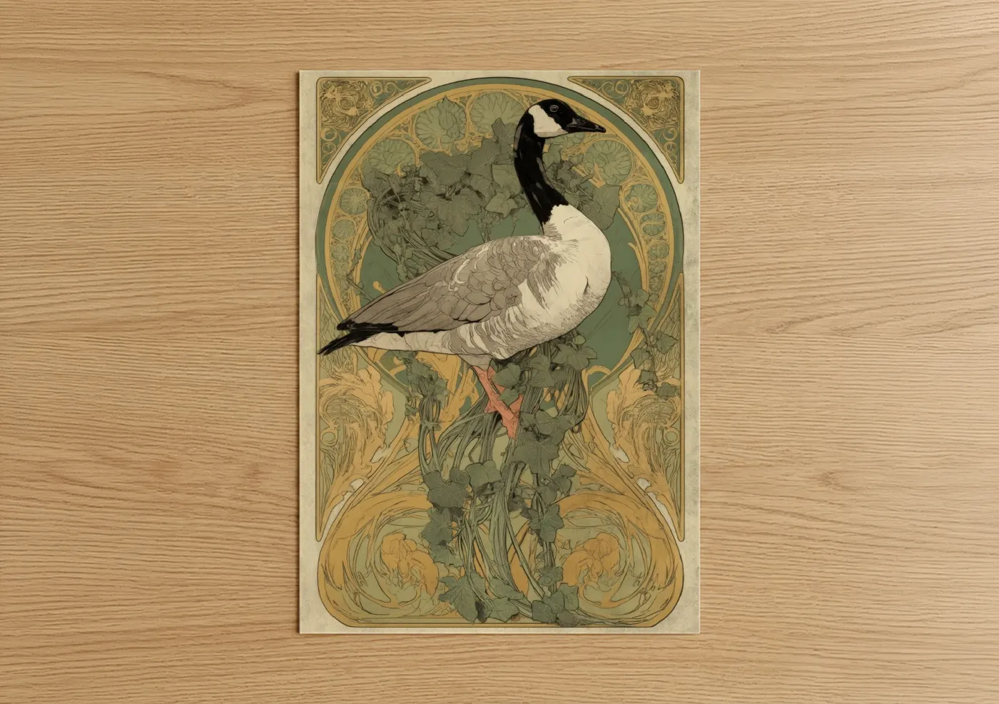Geese art print on warm oak wood — sage green and cream palette — Garden Goose poster