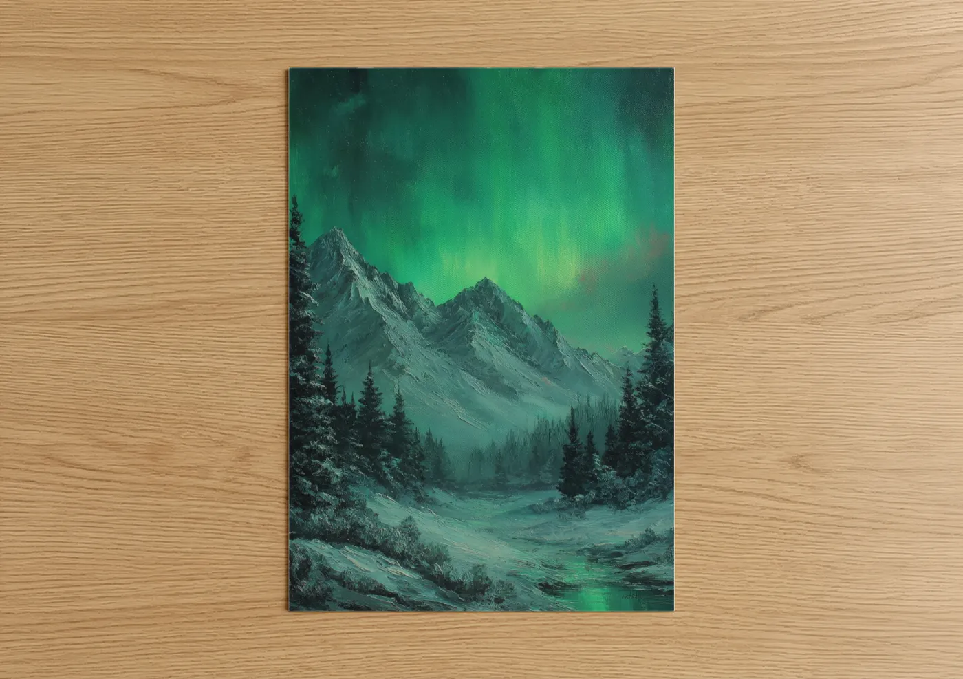 Northern lights art print on warm oak wood — teal and green palette — Aurora Mountain Wilderness poster