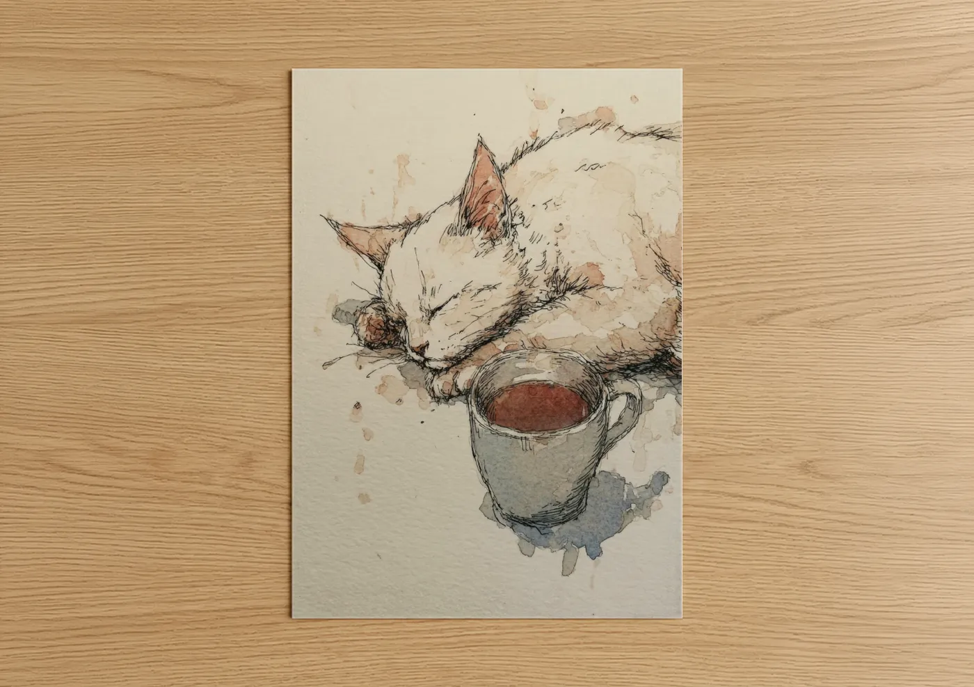 Art print on warm oak wood — beige and peach palette — Cozy Coffee Cat poster