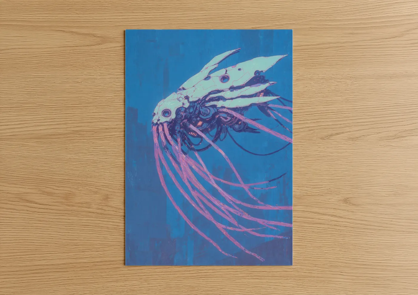 Art print on warm oak wood — blue and magenta palette — Cyberpunk Squid poster