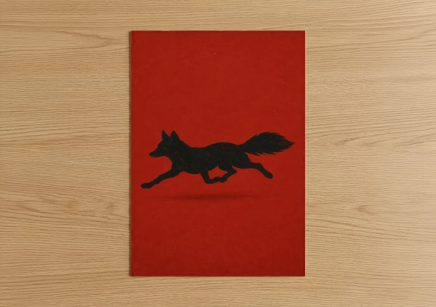 Art print on warm oak wood — red and black palette — Black Fox on Red Wall Art poster