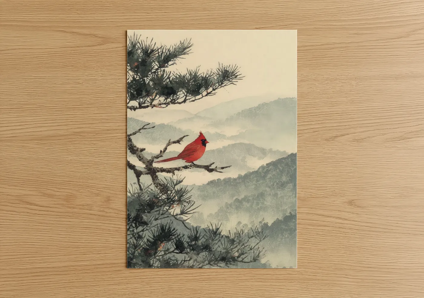 Blue ridge mountains art print on warm oak wood — red and gray palette — Cardinal Morning Mist poster