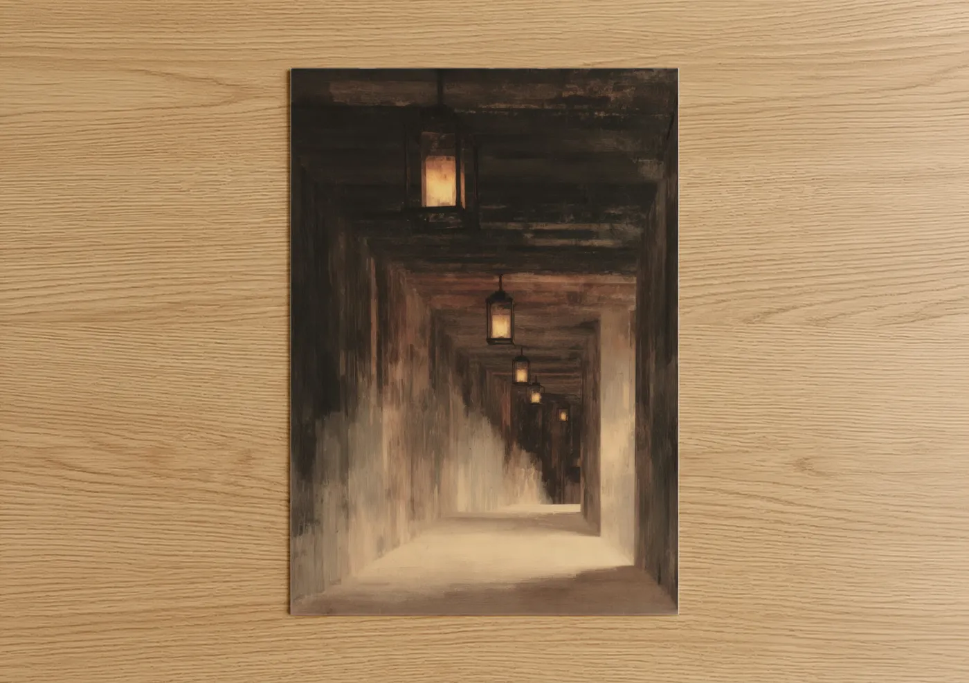 Art print on warm oak wood — brown and gold palette — Lantern Tunnel poster