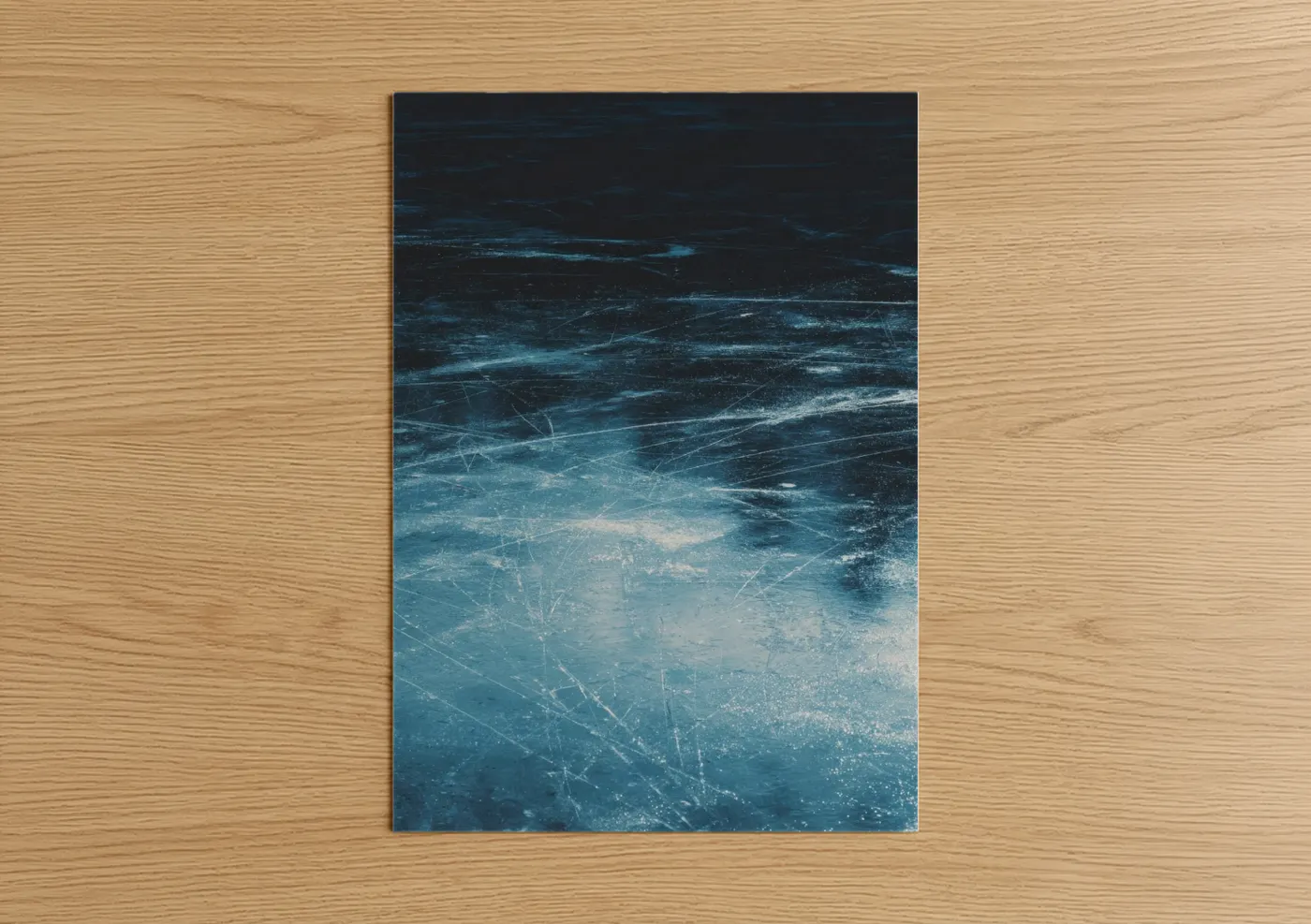 Ice hockey art print on warm oak wood — blue and white palette — Frozen Ice Rink poster