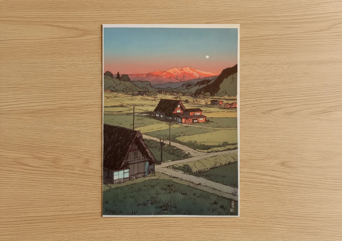 Various landscapes art print on warm oak wood — salmon pink and true green palette — Snowy Mountain Village poster