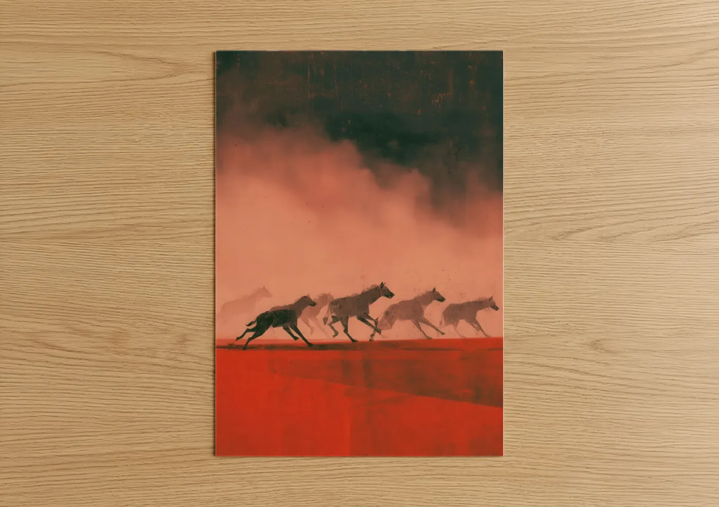 Art print on warm oak wood — red and black palette — Desert Hyenas poster