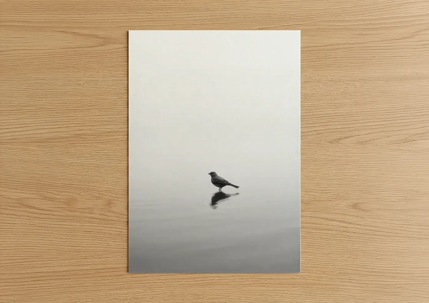 Art print on warm oak wood — black and white and gray palette — Solitary Finch poster
