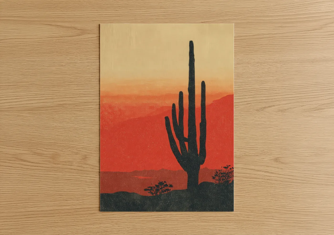 Cactus art print on warm oak wood — red and gold palette — Desert Saguaro Sunset poster