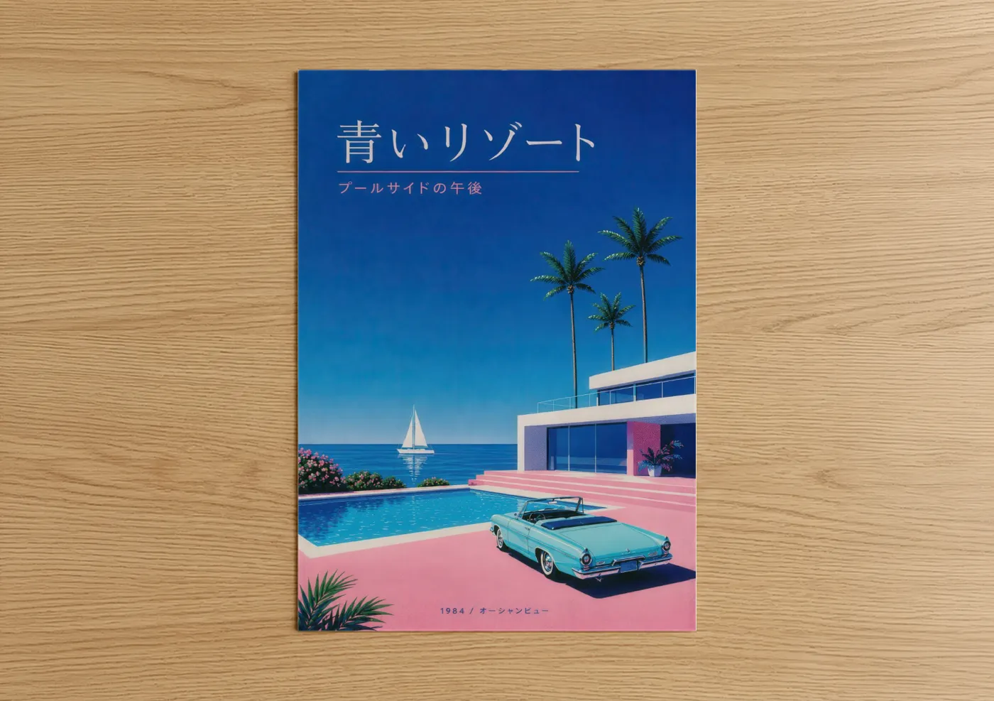 Palm tree art print on warm oak wood — blue and pink palette — Retro Japanese Poolside Resort Wall Art poster