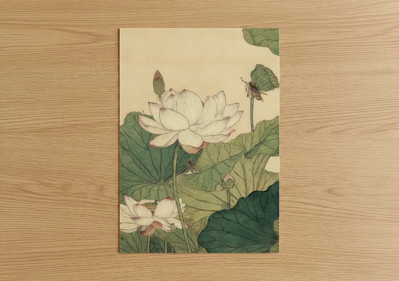 Art print on warm oak wood — cream and sage green palette — Lotus Pond Serenity poster