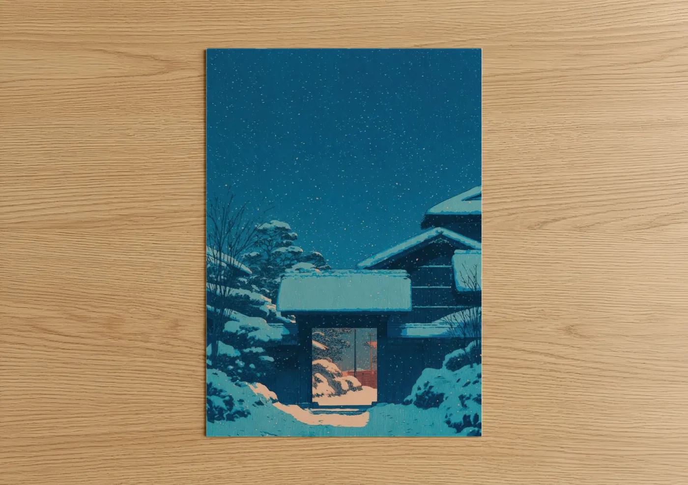 Art print on warm oak wood — blue and white palette — Starlit Sanctuary poster