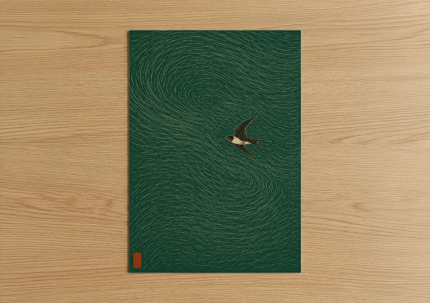 Songbird art print on warm oak wood — dark green and true green palette — Japanese Swallow in Flight Wall Art poster