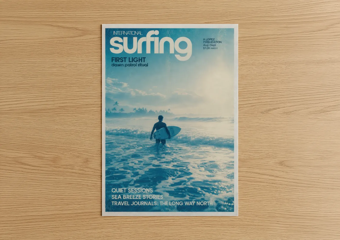 Surfing art print on warm oak wood — blue and turquoise palette — Sunrise Surfer Beach Wall Art poster