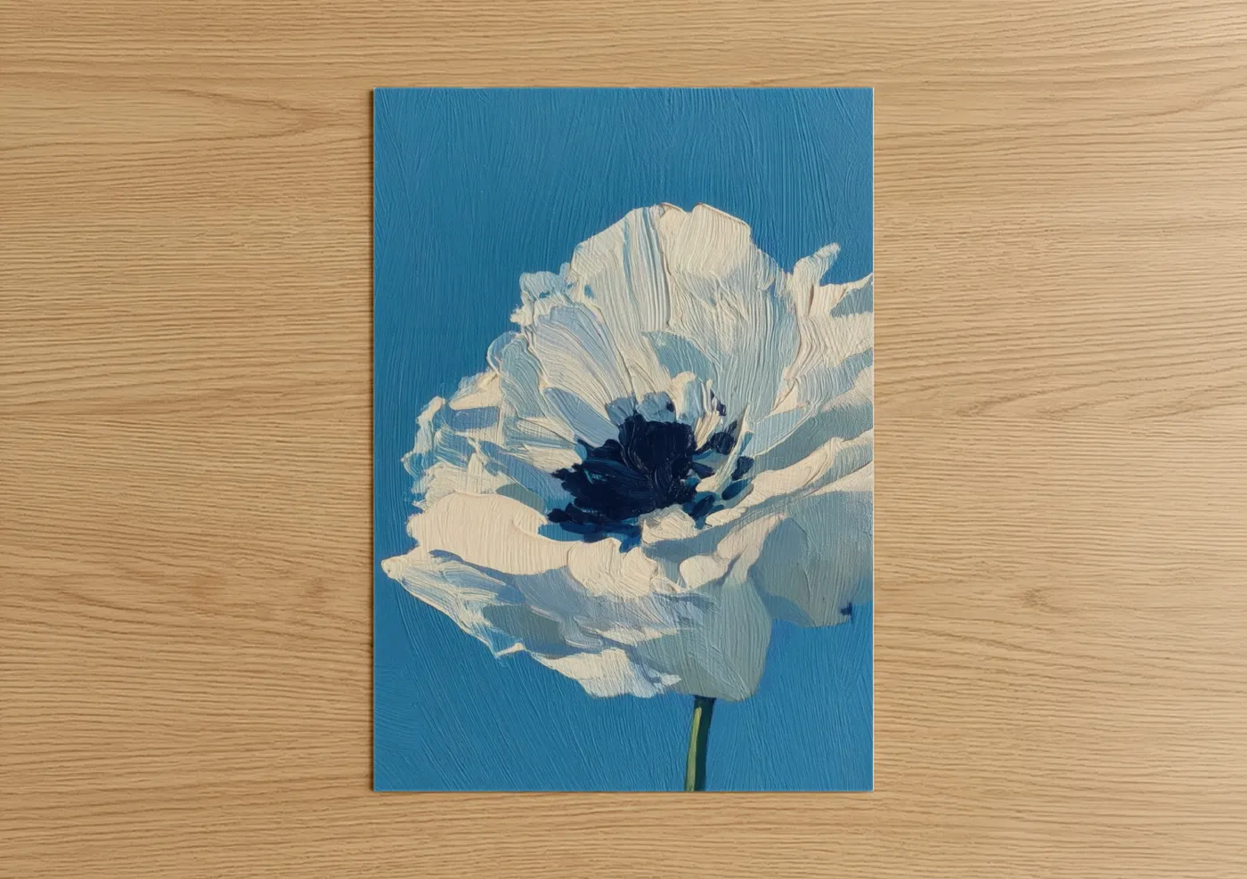 Abstract flower art print on warm oak wood — blue and white palette — Cream Poppy Abstract poster