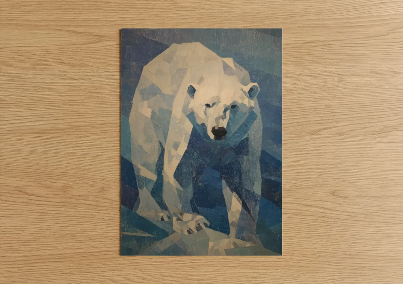 Polar bear art print on warm oak wood — blue and white and dove gray palette — Arctic Sentinel poster