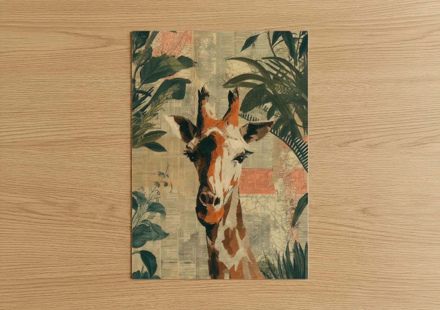 Art print on warm oak wood — cream and russet palette — Tropical Giraffe poster