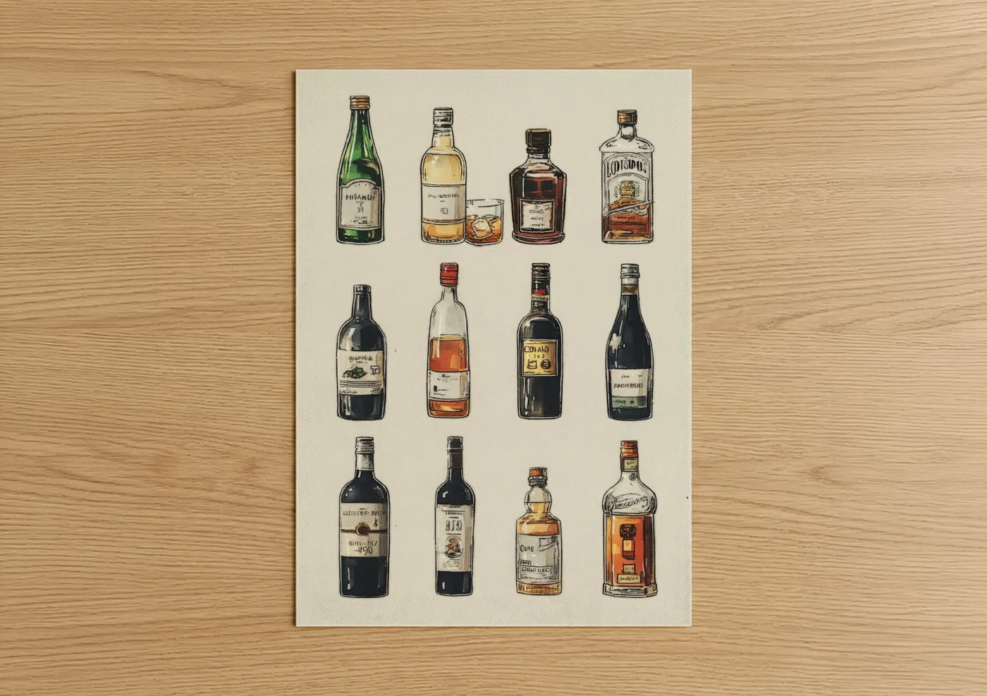 Red wine art print on warm oak wood — gold and black and white palette — Vintage Wine Collection poster