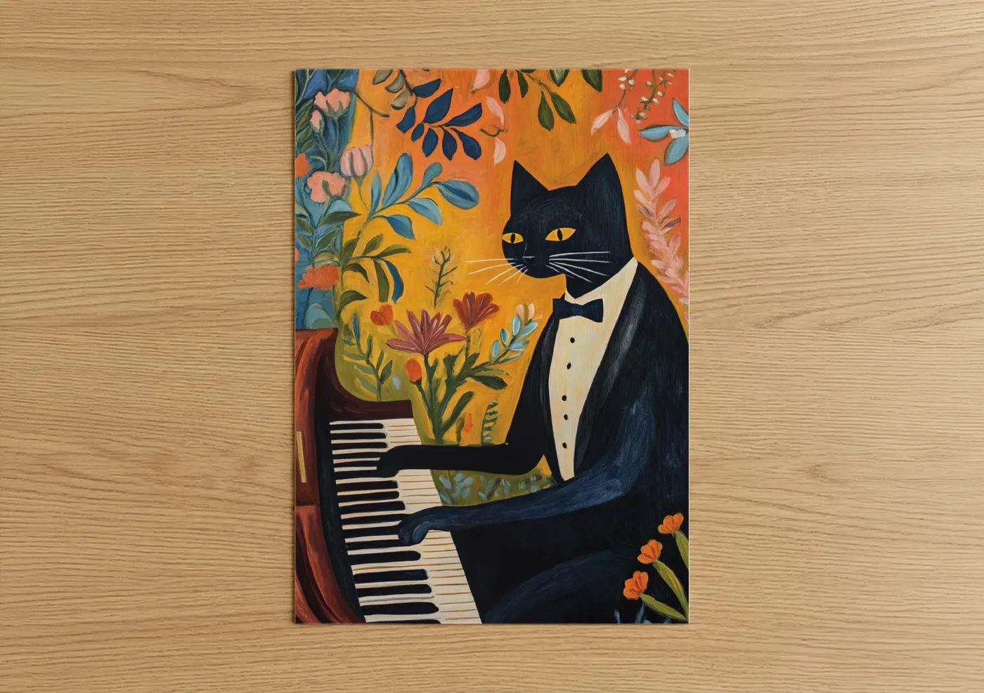 Art print on warm oak wood — orange and gold palette — Formal Piano Cat poster