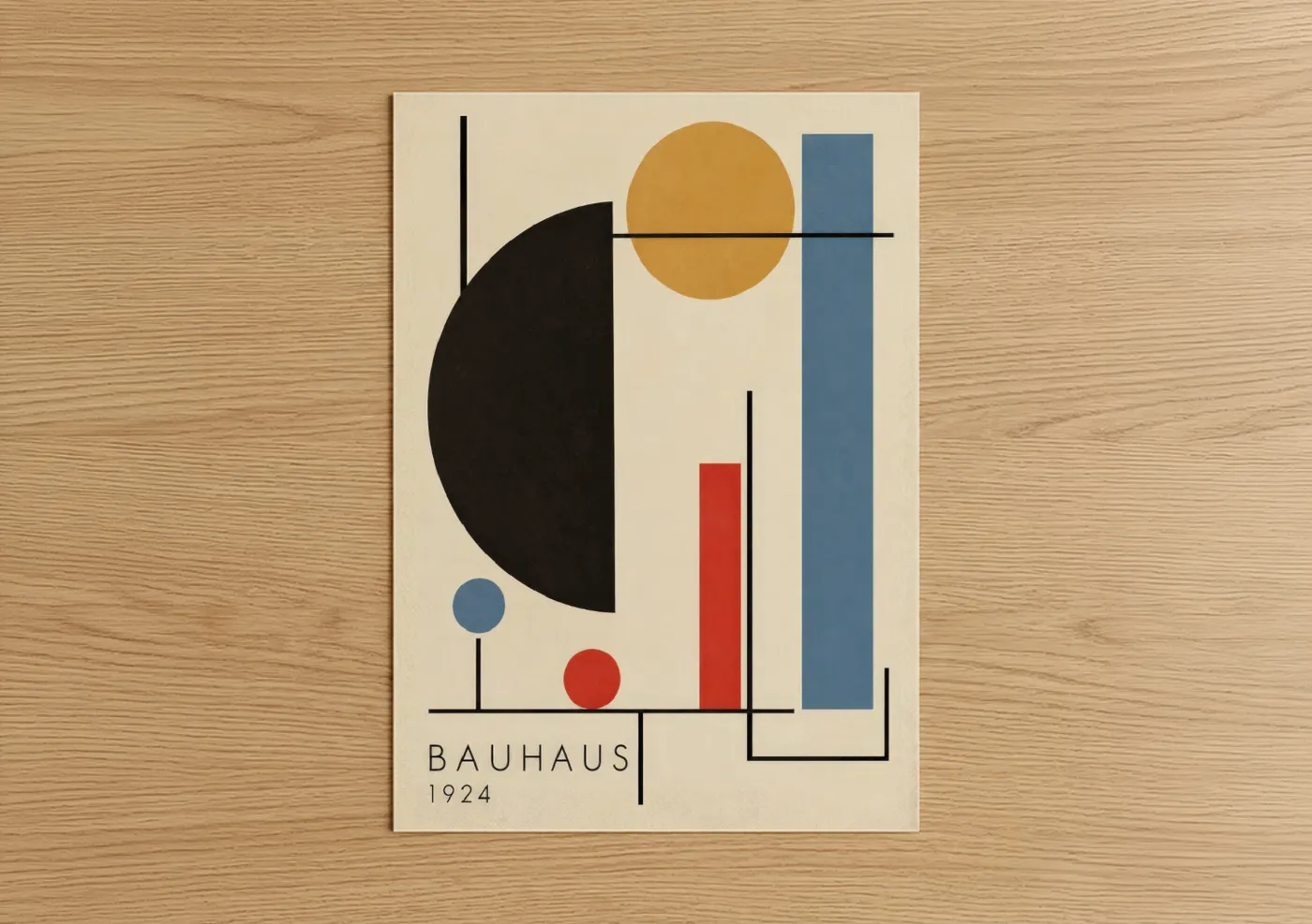 Abstract geometric art print on warm oak wood — blue and gold palette — Bauhaus Geometric Abstract Wall Art poster