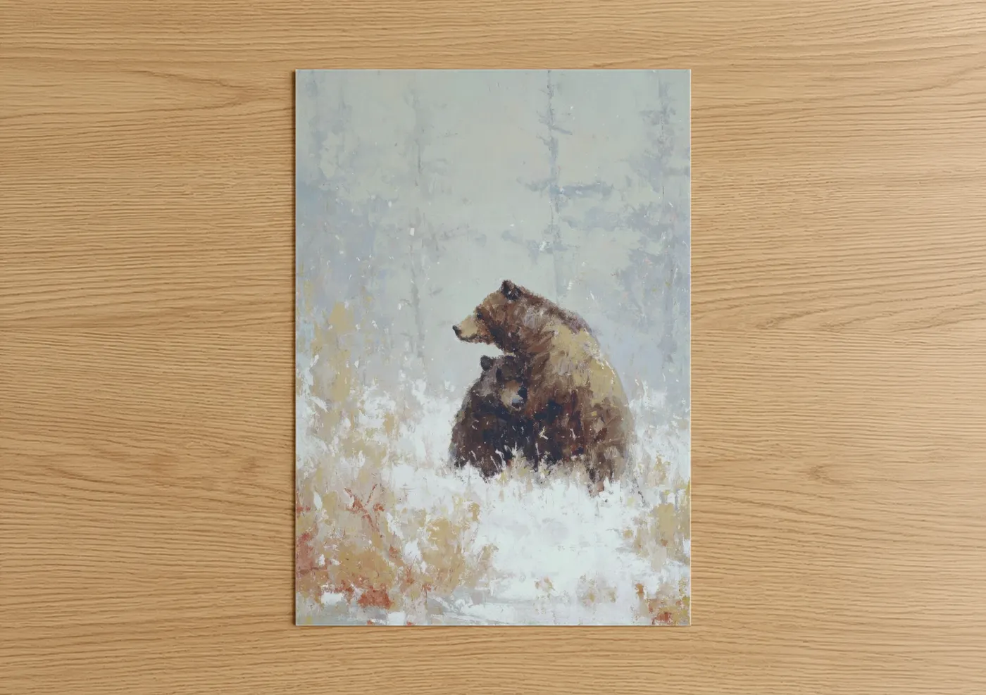 Grizzly bear art print on warm oak wood — gray and white and brown palette — Snowy Grizzly poster
