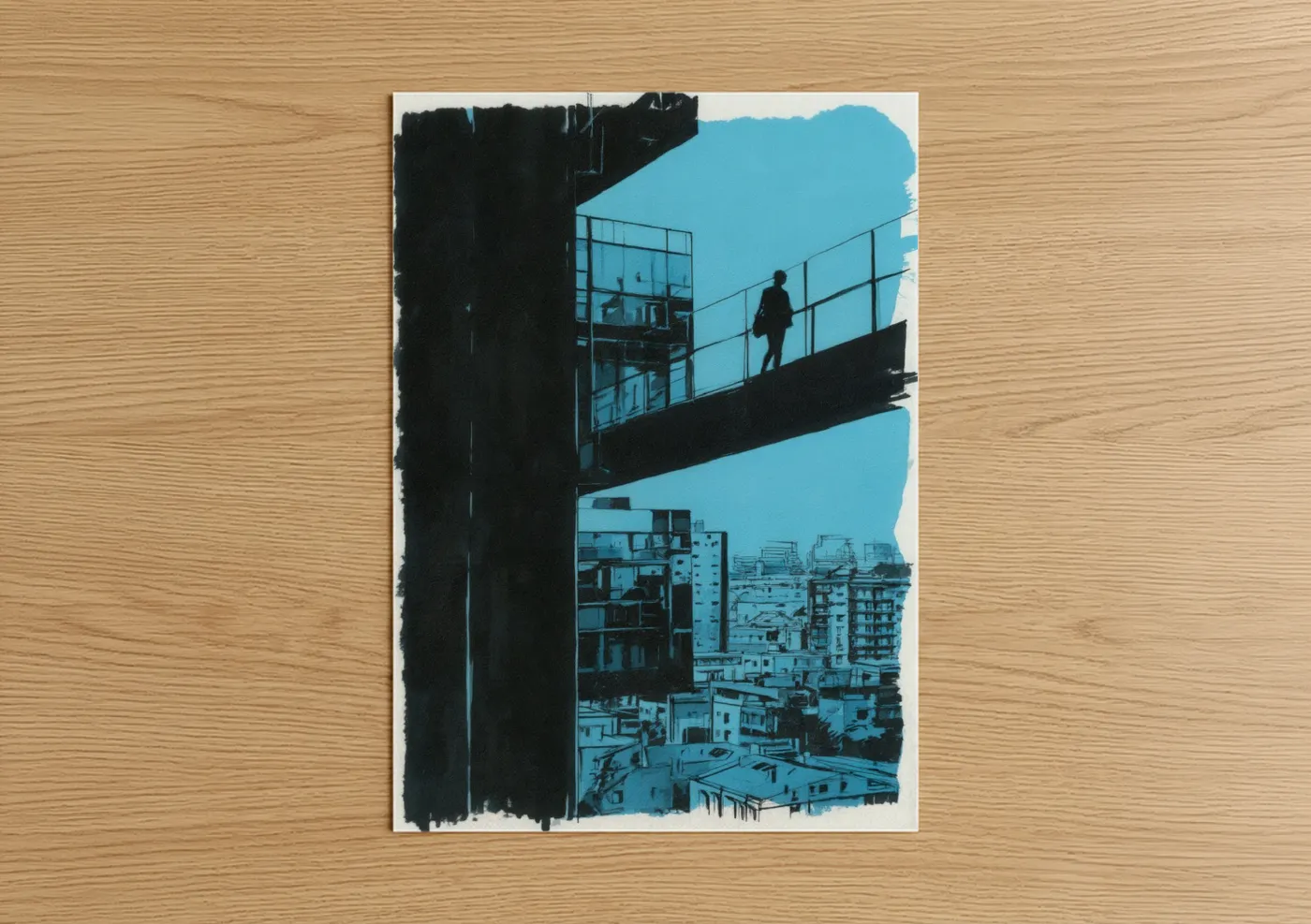 Abstract architecture art print on warm oak wood — black and blue palette — Urban Solitude poster