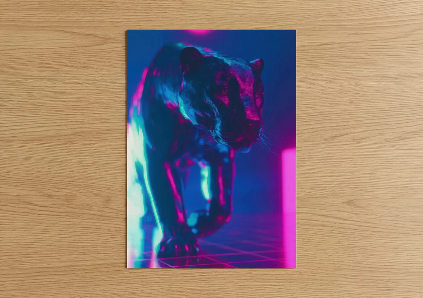 Art print on warm oak wood — magenta and royal blue palette — Neon Jaguar poster