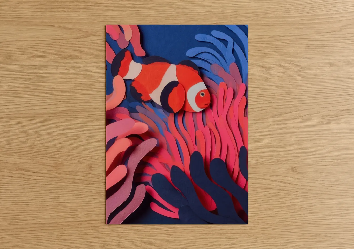 Clown fish art print on warm oak wood — red and blue palette — Crimson Clownfish poster