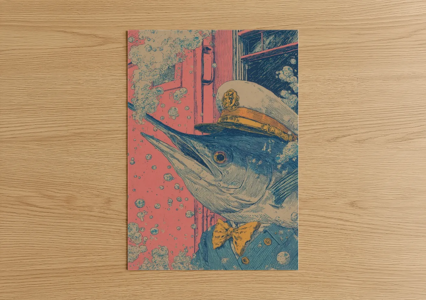 Art print on warm oak wood — red and blue palette — Captain Sailfish poster