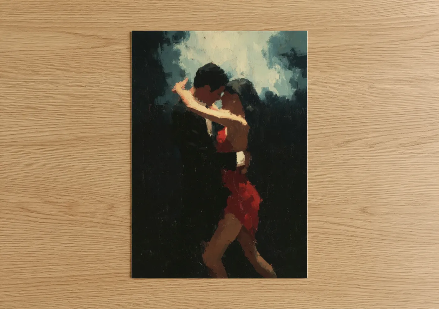 Art print on warm oak wood — black and red palette — Passionate Salsa Dance poster
