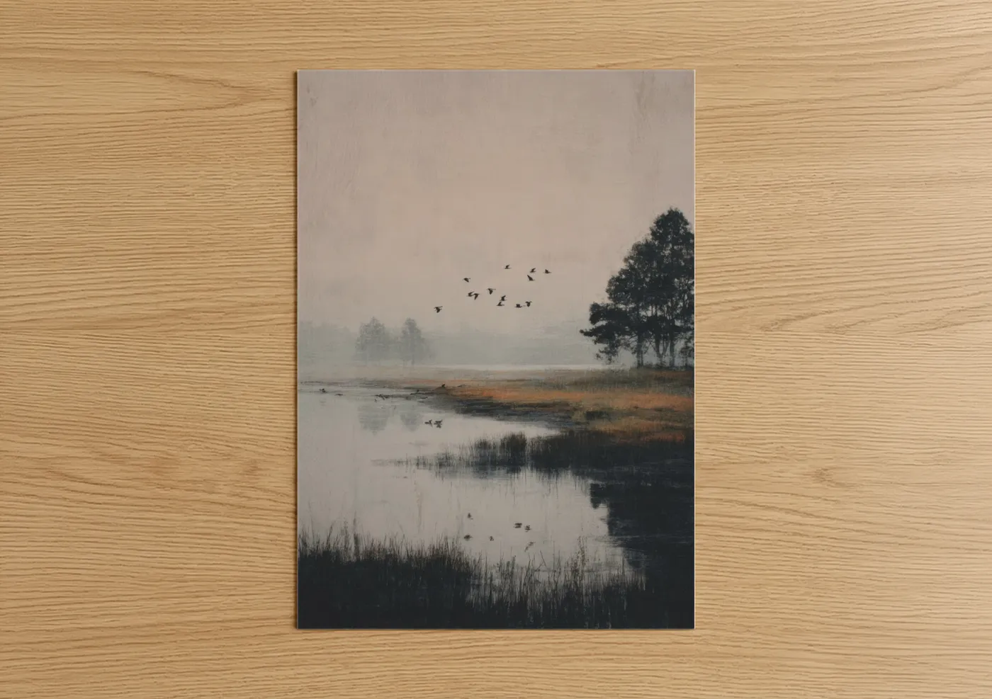 Lakes art print on warm oak wood — gray and dove gray palette — Misty Lake Morning poster