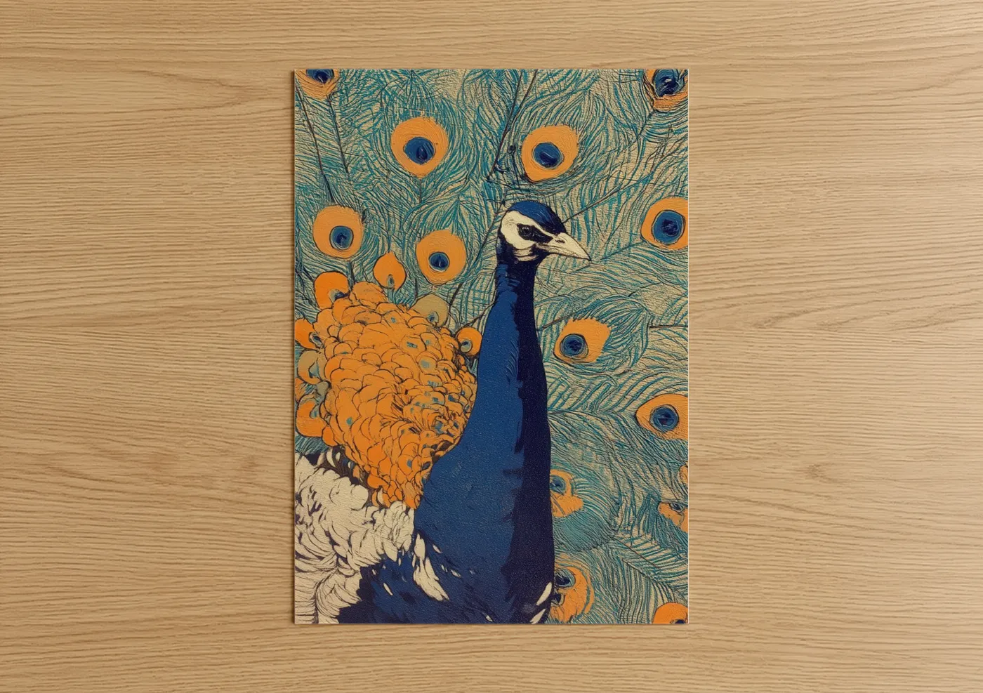 Art print on warm oak wood — gold and teal palette — Ornamental Peacock poster