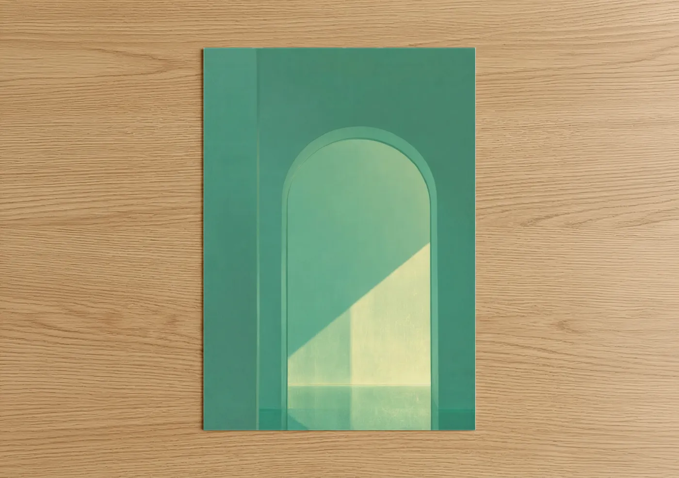 Art print on warm oak wood — sage green and gold palette — Serene Arch Light poster