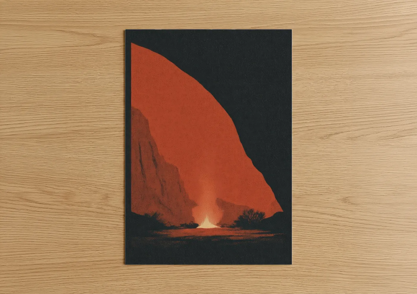 Camping art print on warm oak wood — red and black palette — Desert Campfire poster