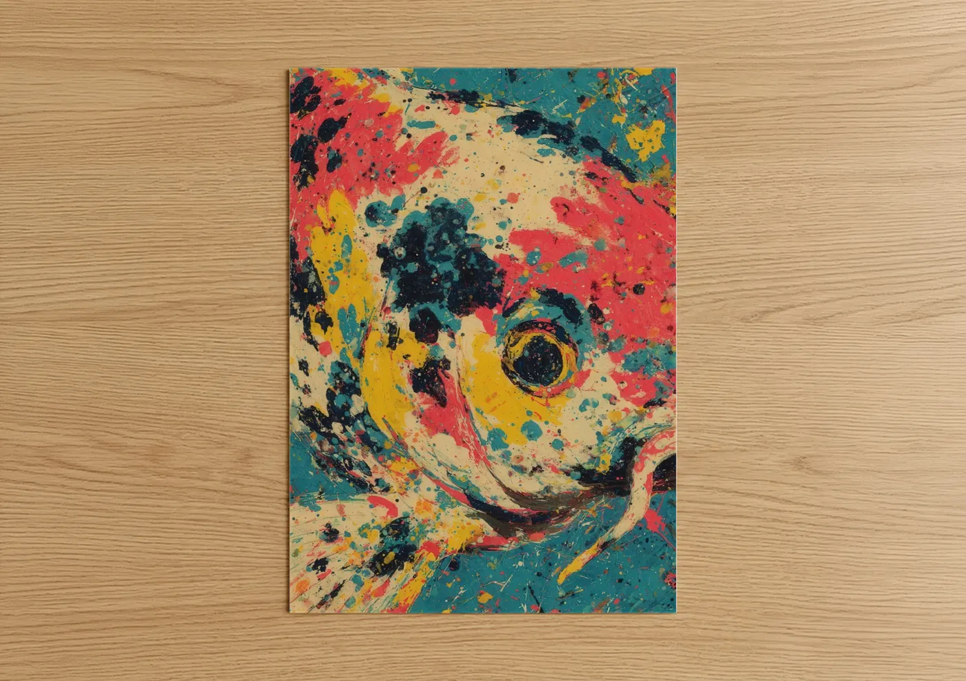 Koi fish art print on warm oak wood — red and gold palette — Vibrant Koi Dream poster