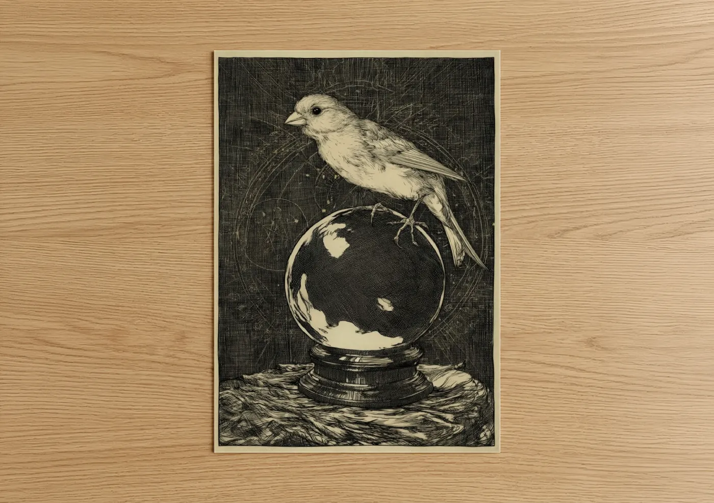 Celestial Canary Crystal Ball Etching Wall Art