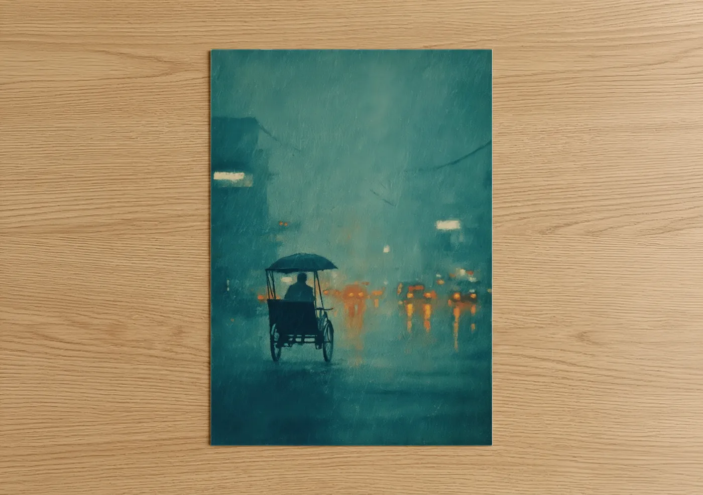 Art print on warm oak wood — teal and gold palette — Rainy Rickshaw poster