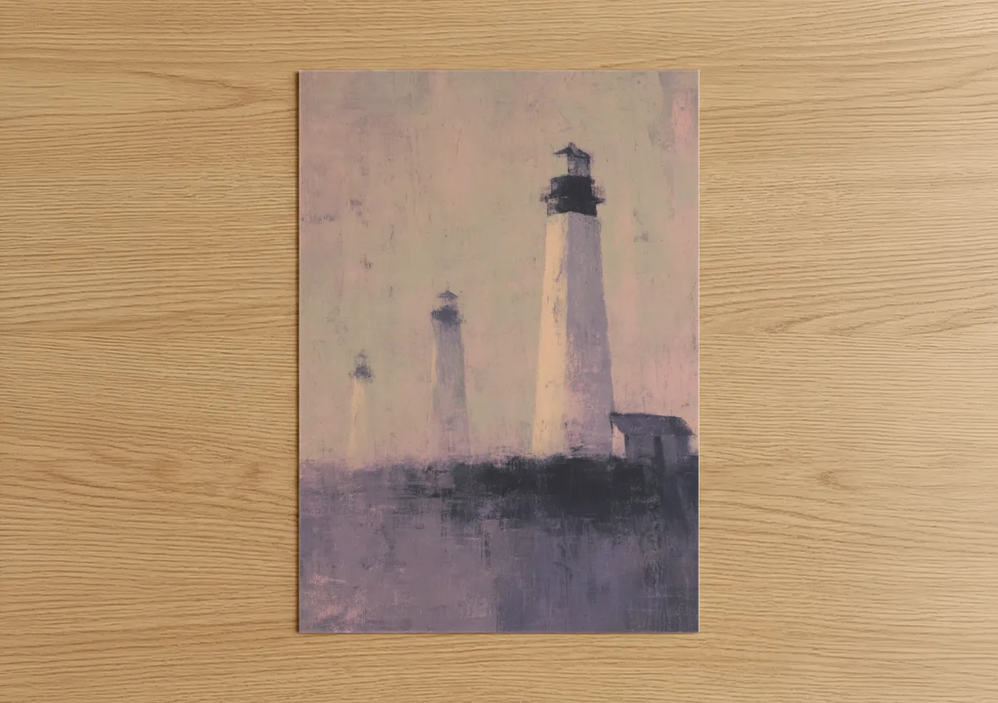 Art print on warm oak wood — lavender and cream palette — Misty Lighthouse Beacon poster