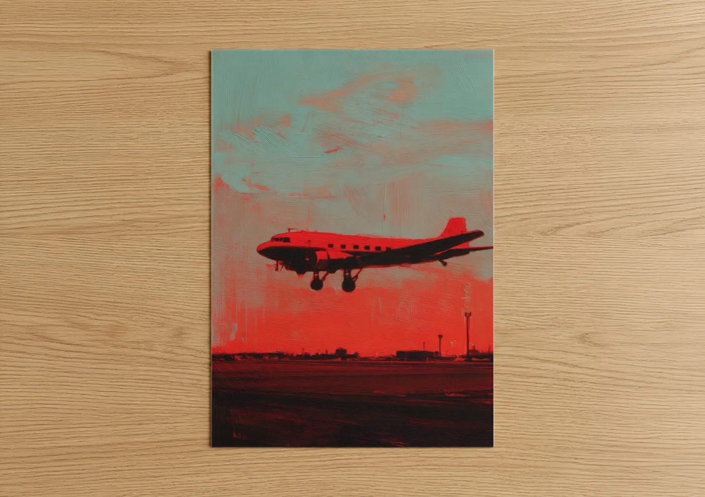 Vintage airplane art print on warm oak wood — red and turquoise palette — Crimson Departure poster
