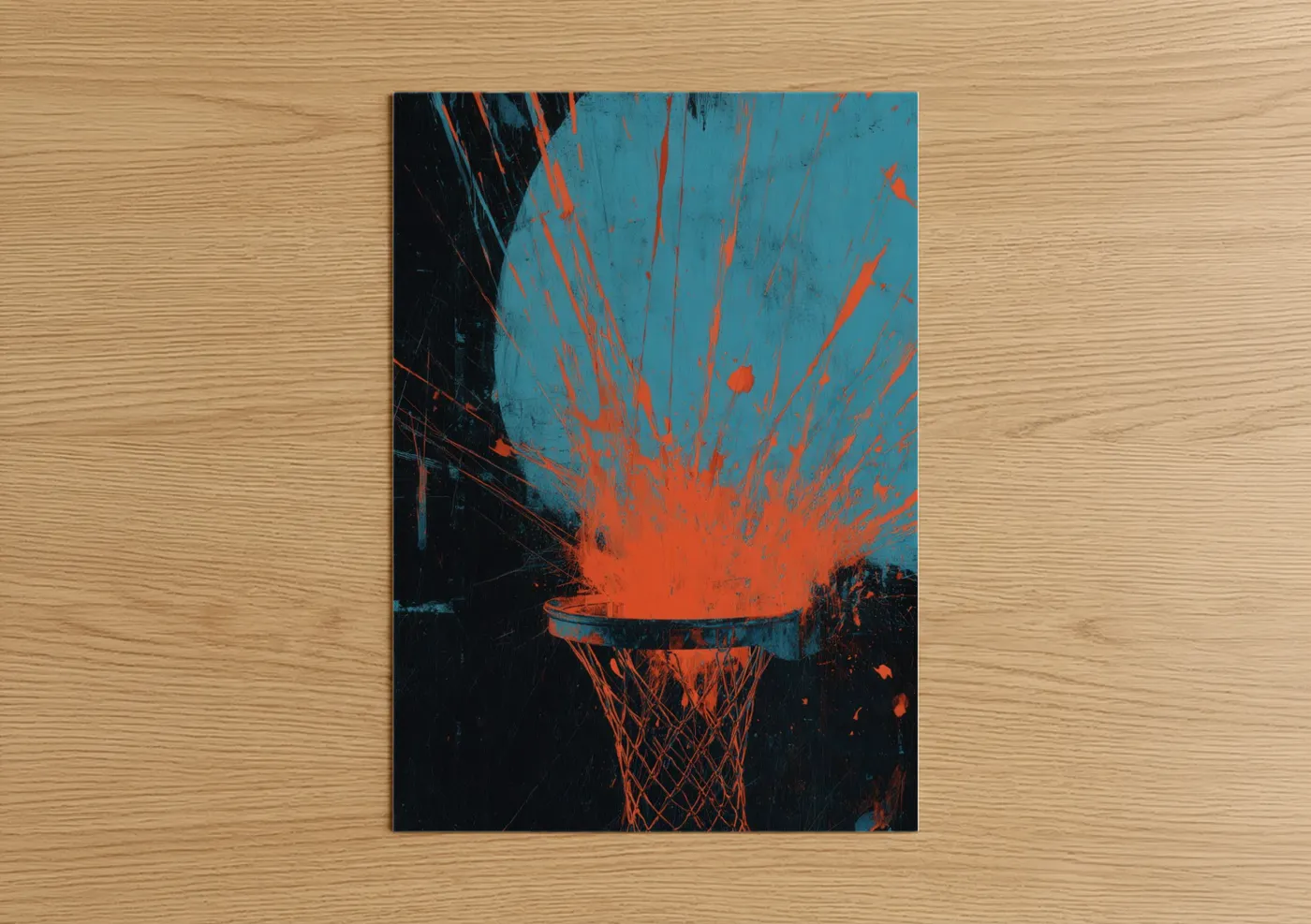Art print on warm oak wood — blue and orange palette — Explosive Basketball poster