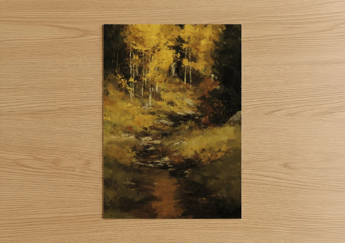 Aspen forest art print on warm oak wood — yellow gold and brown palette — Golden Aspen Grove poster