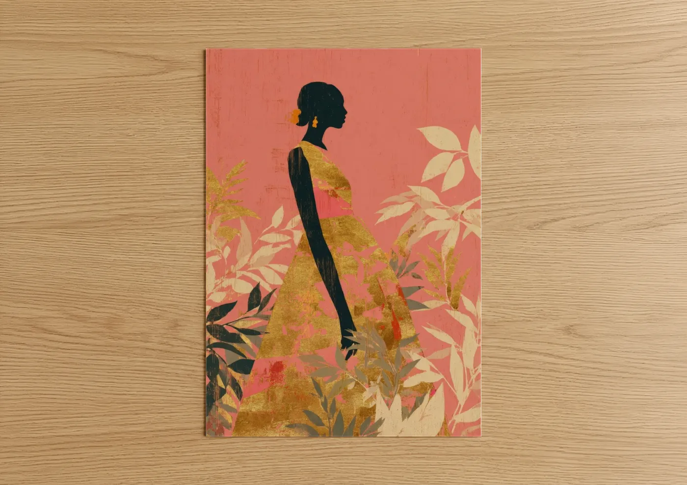 Cinco de mayo art print on warm oak wood — gold and orange palette — Golden Botanicals Woman poster