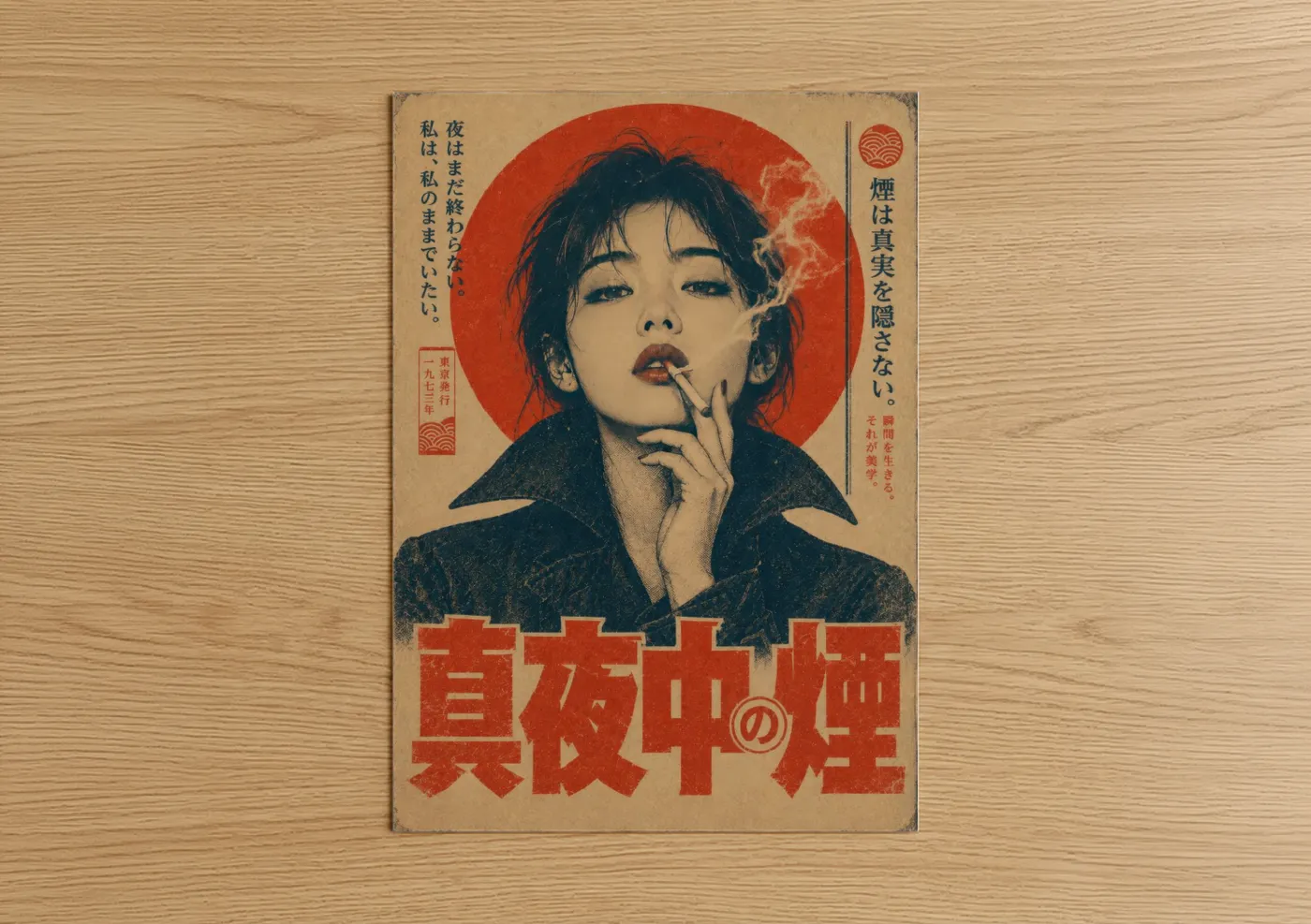 Art print on warm oak wood — red and beige palette — Japanese Retrofuturism Smoking Portrait Wall Art poster